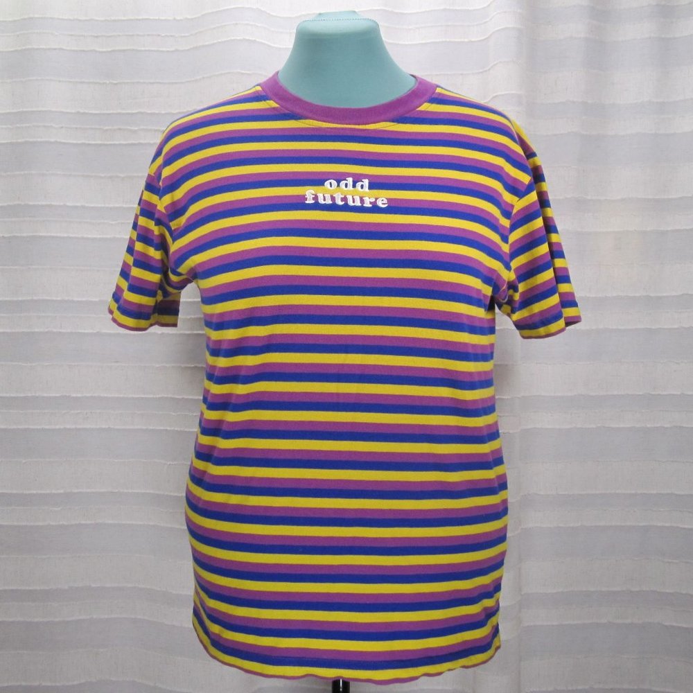 Odd Future Unisex Embroidered Striped Tee in Purple/Yellow/Blue - M